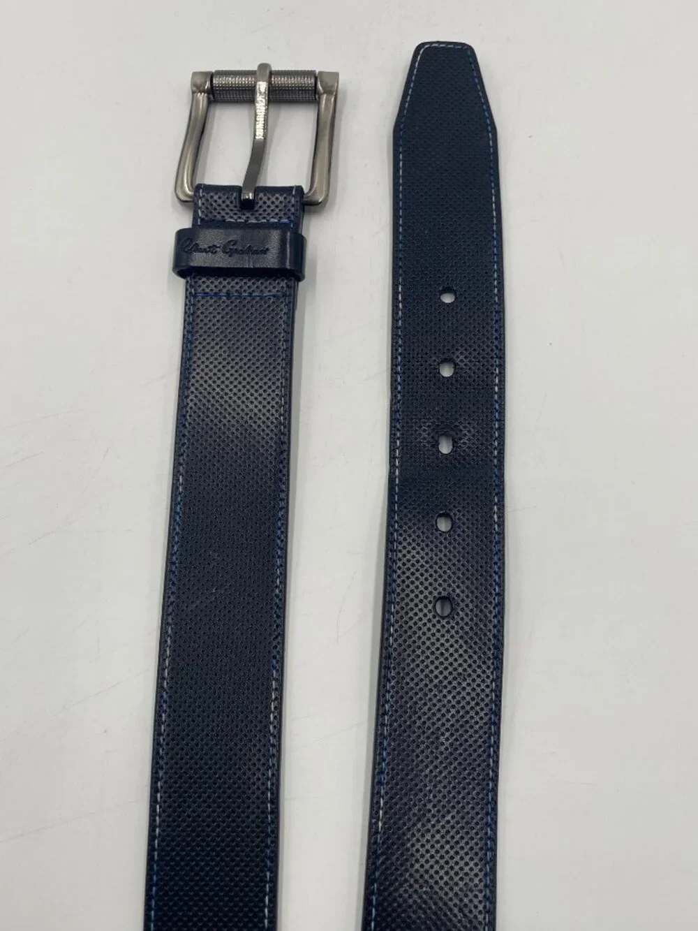 Robert Graham Genuine Leather Belt Size 32 Black with Blue Stitching Dress Golf